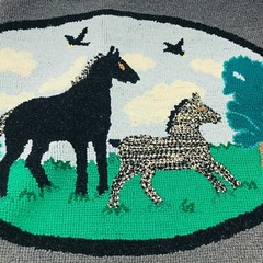 Americana Folk Art Antique Horses Rug Hooking Horseshoes Equestrian Hooked Rug