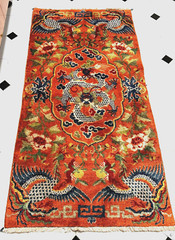 Antique Tibetian Chinese Phoenix Dragon Rug Orange