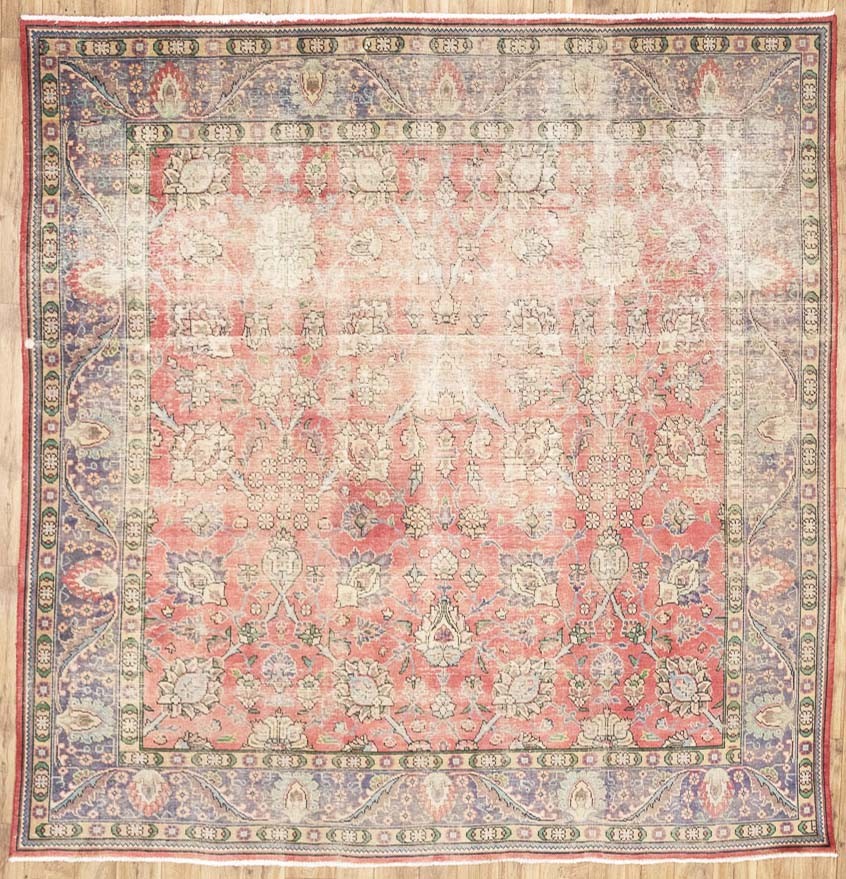 Semi-Antique Distressed Floral Square Oriental Rug Living Room Carpet 9’5x9’8 Ft