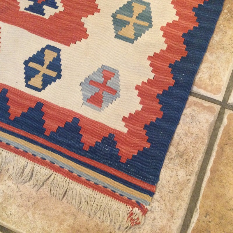 Vintage Kilim Wool Rug Blue Rust 47” X 23” Hand Knotted Turkey Tribal Carpet gallery