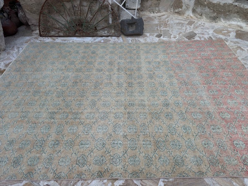 7x11 Pink Vintage Rug – Large Handwoven Turkish Carpet – Faded Floral Pattern gallery