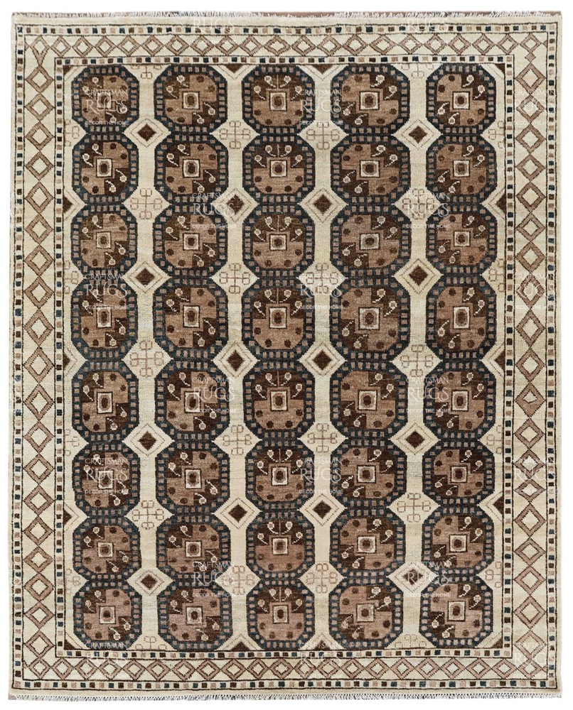 Handmade Octagonal Geometric Rug – Brown, Beige & Dark Blue Border 8x10ft