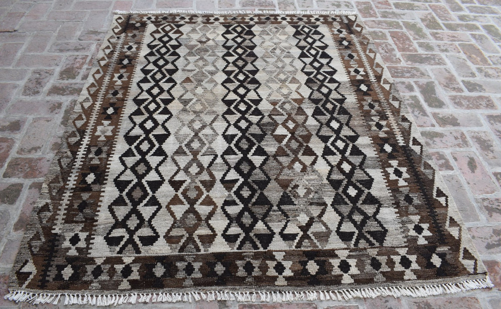 Handwoven Afghan Tribal Wool Kilim Area Rug Striped Geometric Brown Earthy Tones