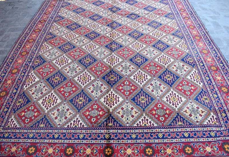 9x12 ft Vintage Afghan Turkmen Oriental Rug Beige Blue Red Hand Knotted Area Rug gallery
