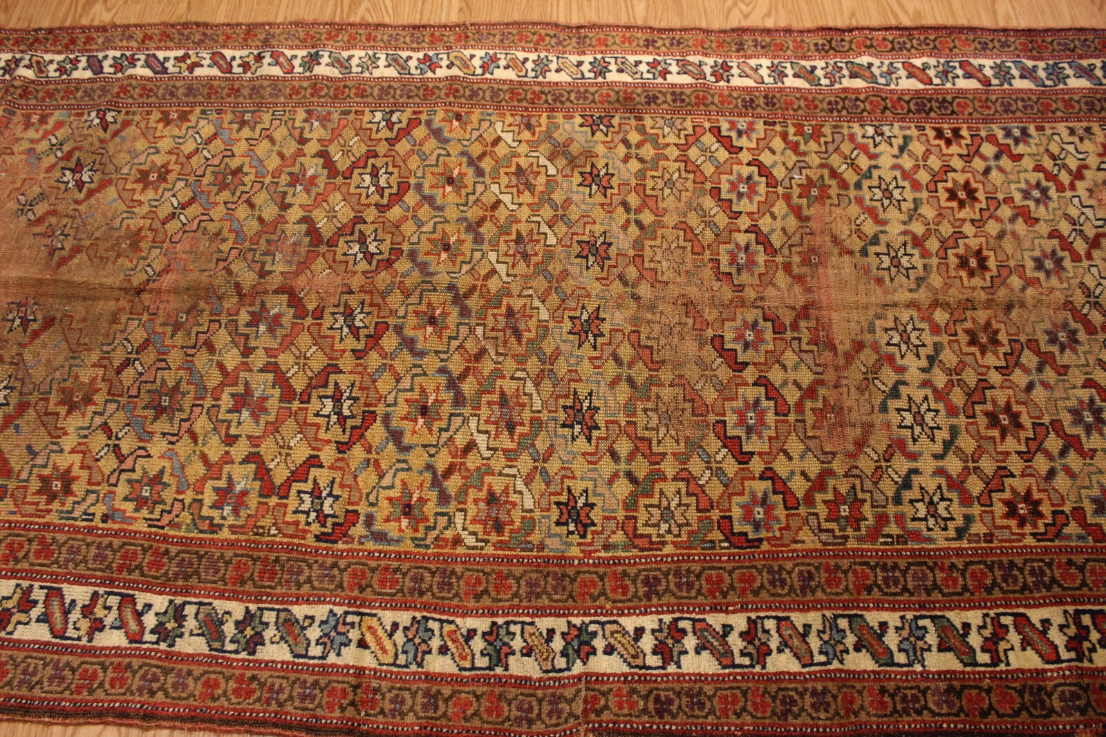 ANTIQUE Caucasian Rug, 12' x 4' Long Antique Original condition, worn, stressed. gallery