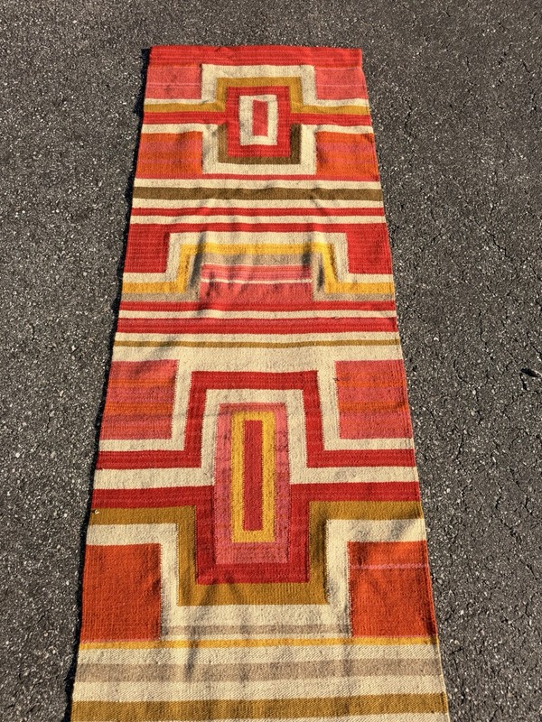 Vintage Geometric Flat Weave Runner Rug Wall Hanging 26.5x96.5 Boho MCM Wool gallery