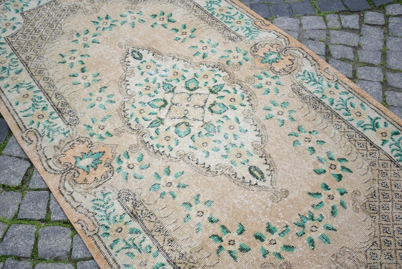 Vintage Turkish Rug 44'' x 81'' Muted Dye Rug Hand-Knotted Low Pile Oushak Rug gallery
