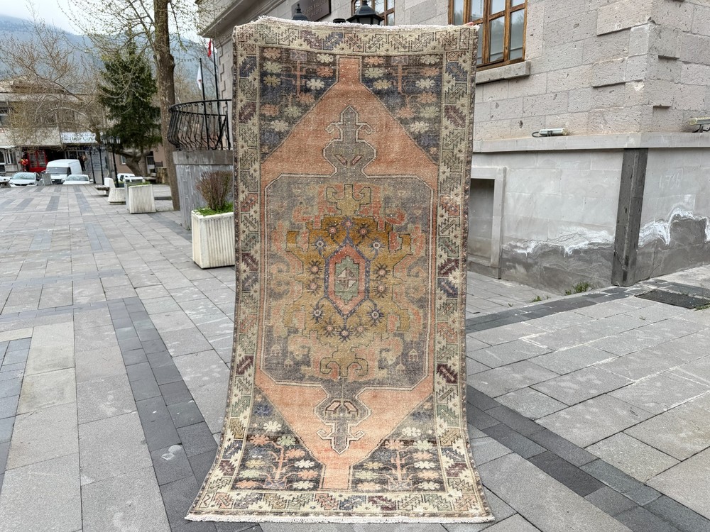 Vintage Oushak Rug 4x8.5 ft Hand-Knotted Turkish Wool Area Rug Boho