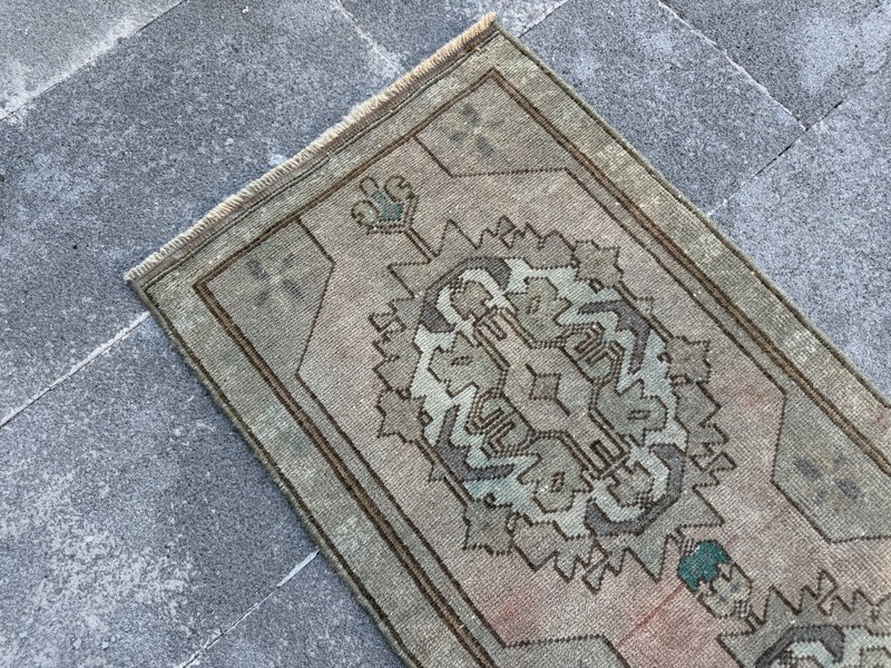 One of a Kind Turkish Rug 1.6x3.9 Ft Handmade Wool Vintage Green Accent Rug gallery