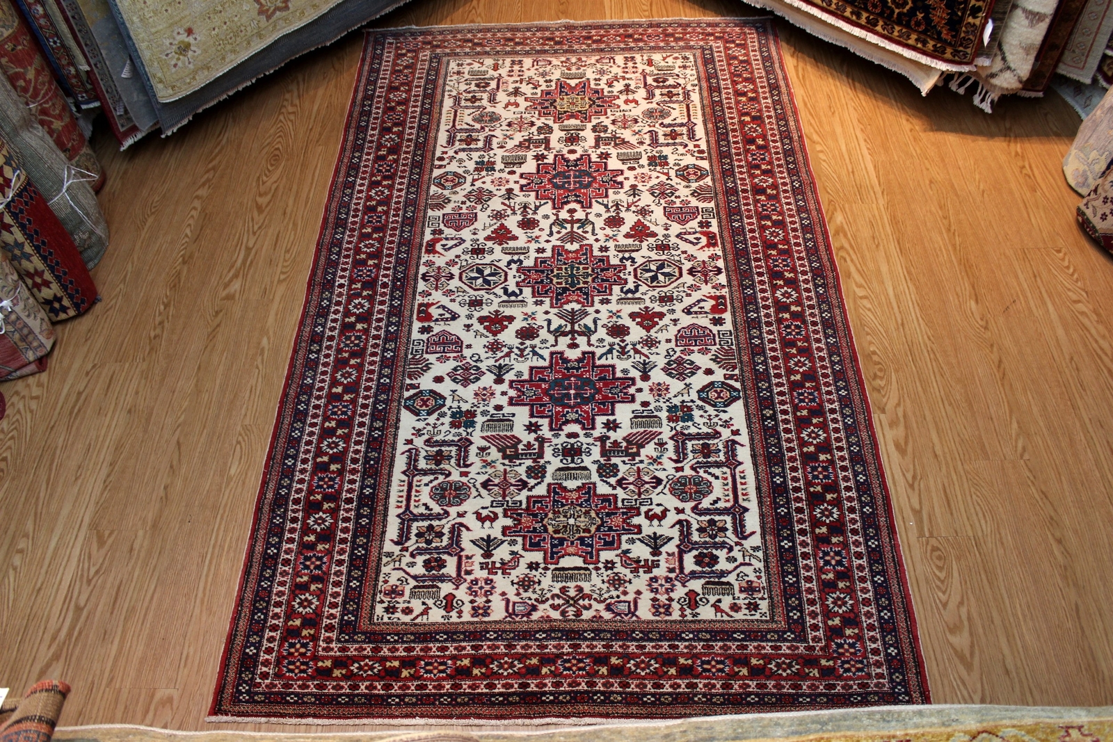 _CAUCASIAN_RUG_5'6" X 9' VINTAGE TEIBAL Kazak Design Natural Wool Pile Antique gallery