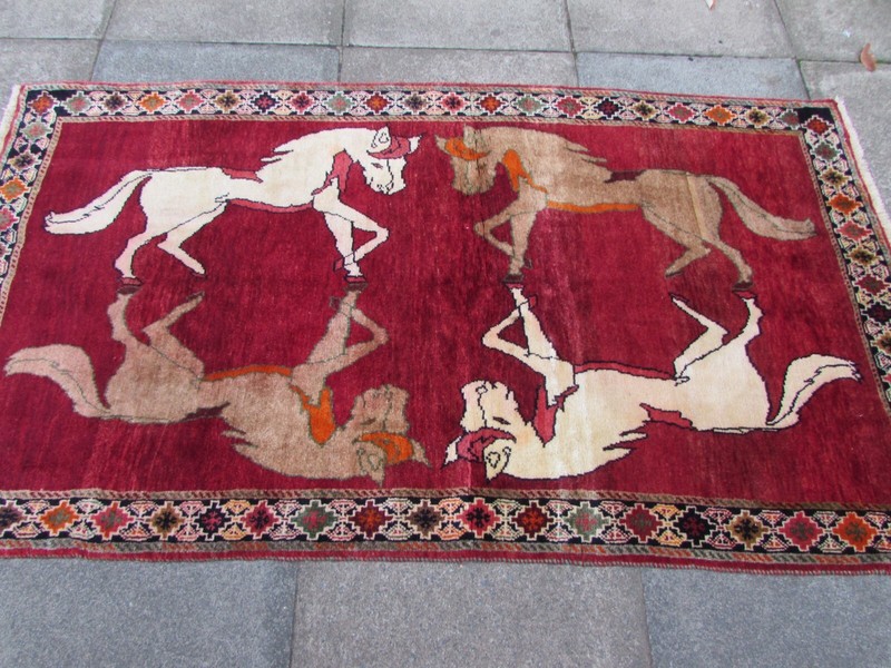 Vintage Traditional Hand Made Oriental Gabbe Wool Red Rug 201x111cm Horse Scene gallery