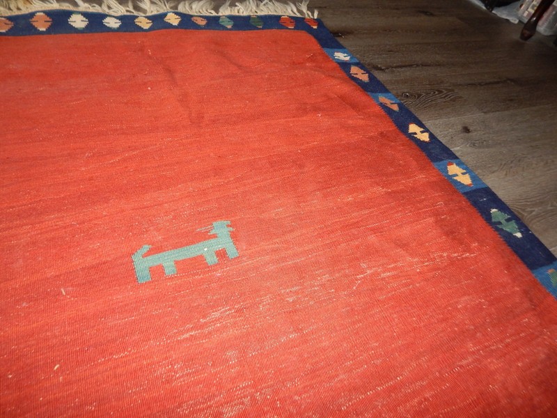Vintage Hand Woven Dog Rug Wool Orange Blue Tan Wall Hanging 68"x46" Recep C gallery