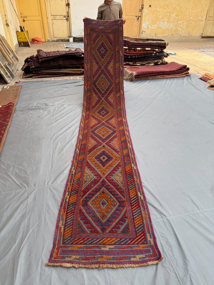 Vintage Afghan Mishwani 2x12 Runner Rug, Handwoven Wool, Red Orange Entryway Rug
