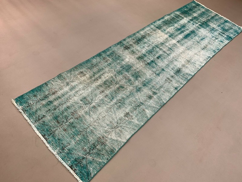 Distressed Turkish Narrow Runner 288x84 cm wool Vintage rug, Overdyed Green gallery