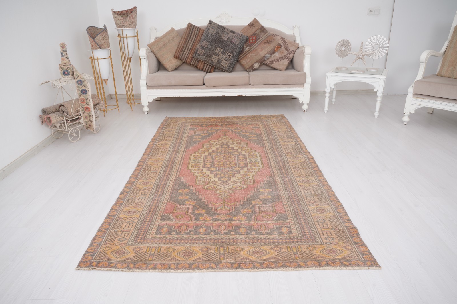 Antique Oushak Rug 4x8 - Handmade Neutral Turkish Wool Carpet, Vintage Rug,26 gallery