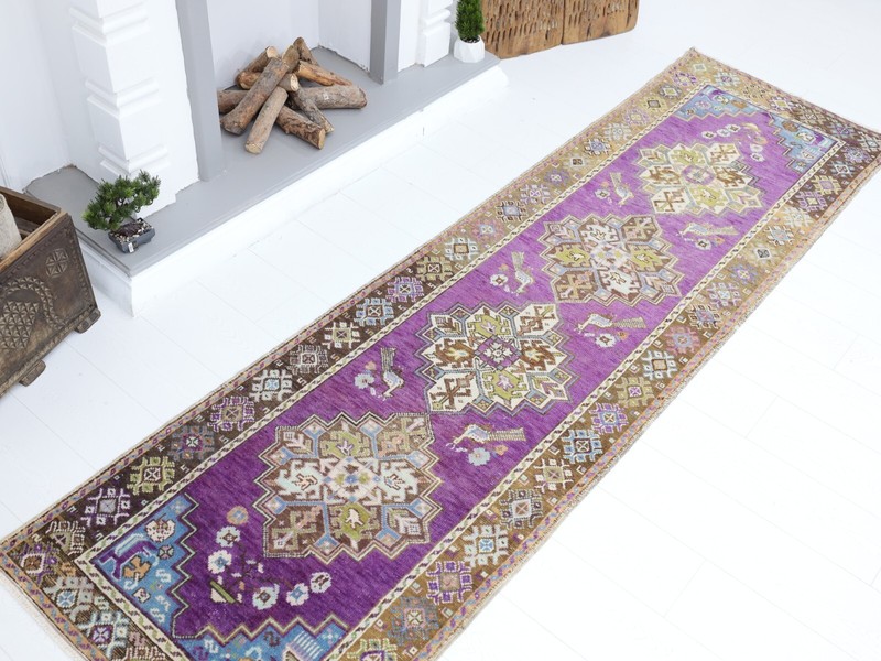 2.10x10.2 Vintage Turkish Runner,Purple Oushak Tribal Hand Knotted Wool Area Rug gallery