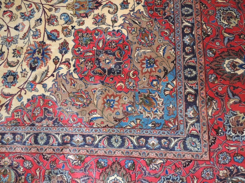 13x19 Oversize Antique Mashaad Oriental Area Rug Ivory Red wool RARE size gallery
