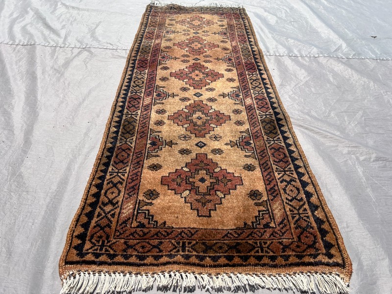 Beige Terracotta Afghan Runner Rug 2x5 ft Hand Knotted Geometric Turkmen Carpet gallery