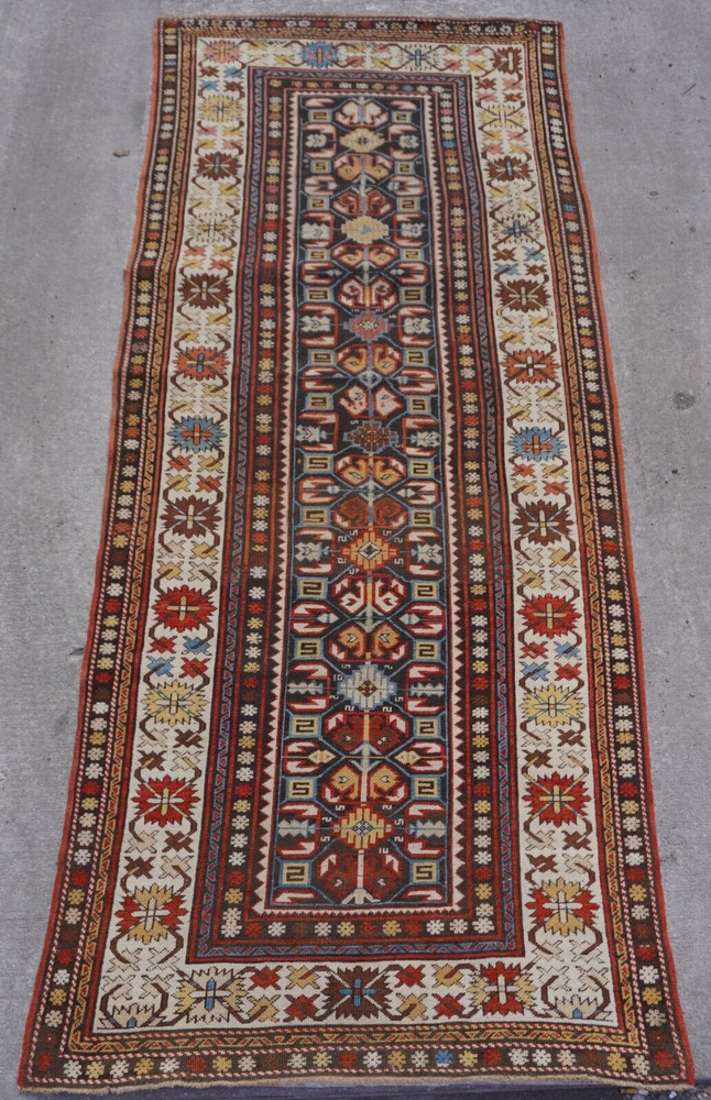 Phenomenal 1880sAntique Caucasian Gendje Hand-Knotted Wool Runner Rug 3'8" x 9'