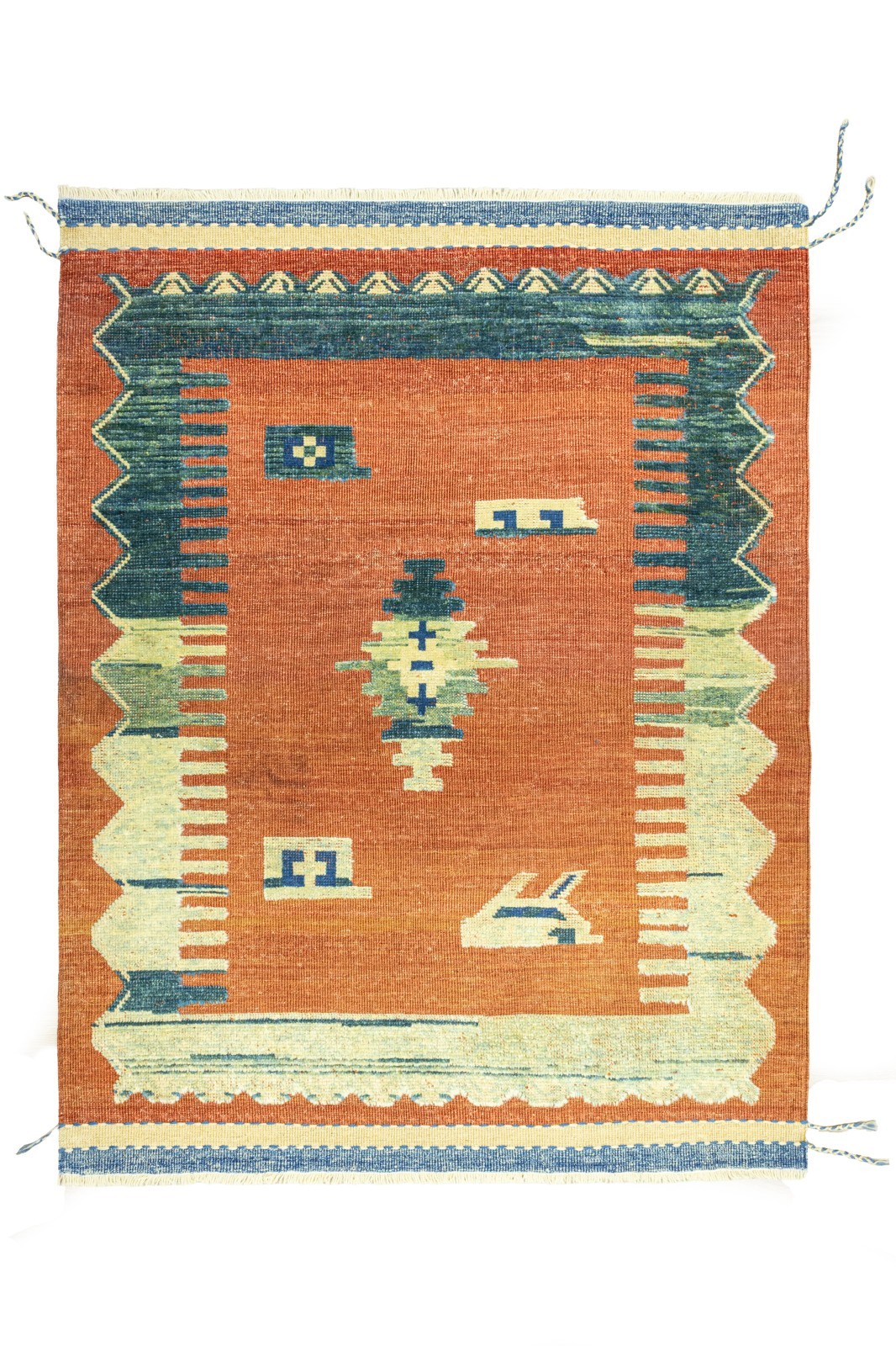 Living Room Rug 4x5 ft Turkish Oushak – Terracotta Teal Geometric Flatweave gallery