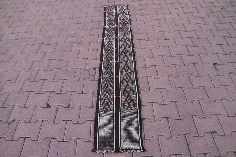 Anatolian Brown Striped Runner Rug Vintage Handmade Cream Hallway Carpet 1x7ft