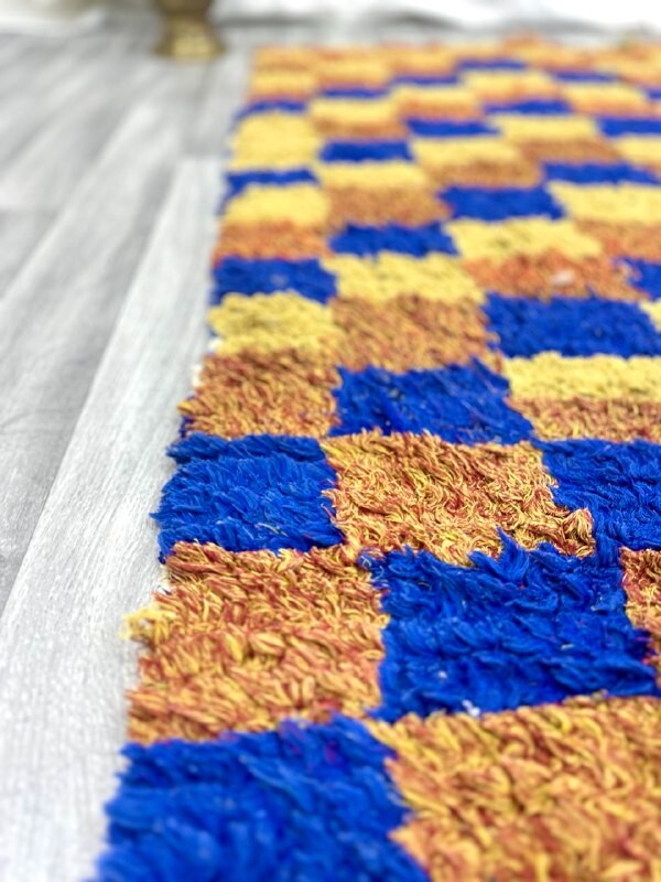 VINTAGE CHECKERED MOROCCAN RUG, Bohrmian Handmade 4'9"x8'3" Boucharouit Runner gallery