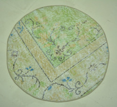 Green Faded Turkish Vintage Round Rug, 2.5ft, Green Handmade Antique Round Rug,