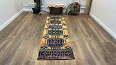 2.6 x 9.6 ft Yellow Rug, Blue Rug, Handmade Runner Rug, Oushak Runner Rug