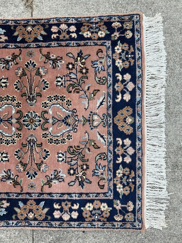 Vtg Sarouk Style Oriental Wool Rug Hand Woven Pink & Blue Floral Design 28x55” gallery