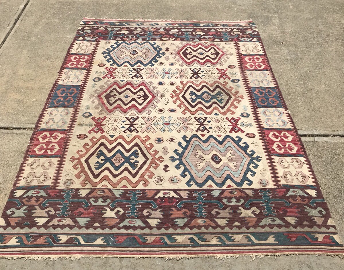 Antique Turkish Yuncu Kilim Handmade Wool Western Anatolia Rug - 6’ x 8’-4” gallery