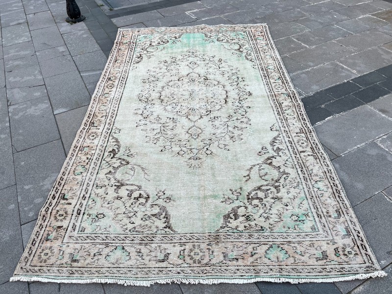 5.4x9.3 ft Vintage Turkish Oushak Rug Mint Green Medallion Hand-Knotted Wool gallery