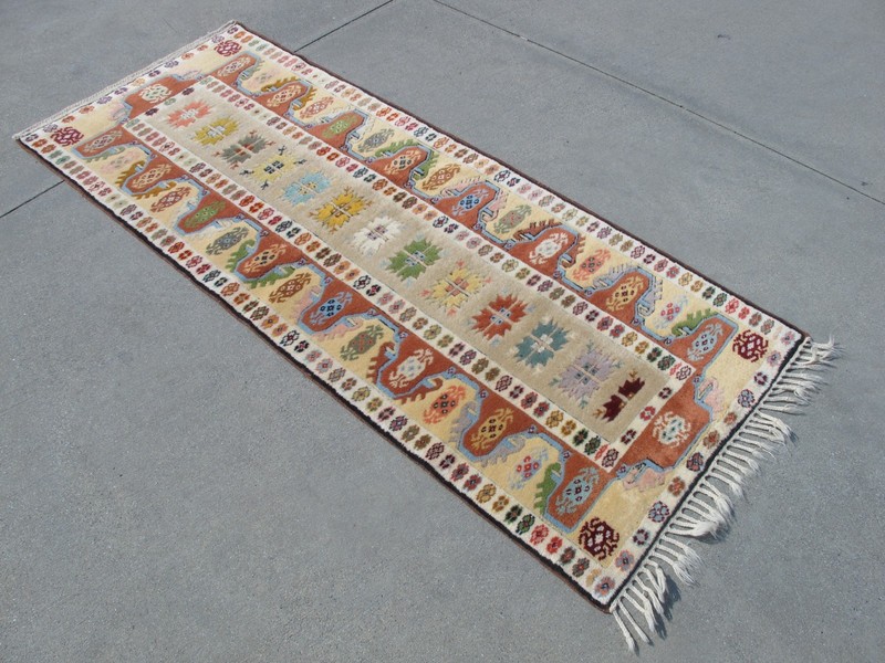 Authentic Vintage Turkish Milas Runner – Hand-Knotted Wool Geometric Tribal Rug gallery