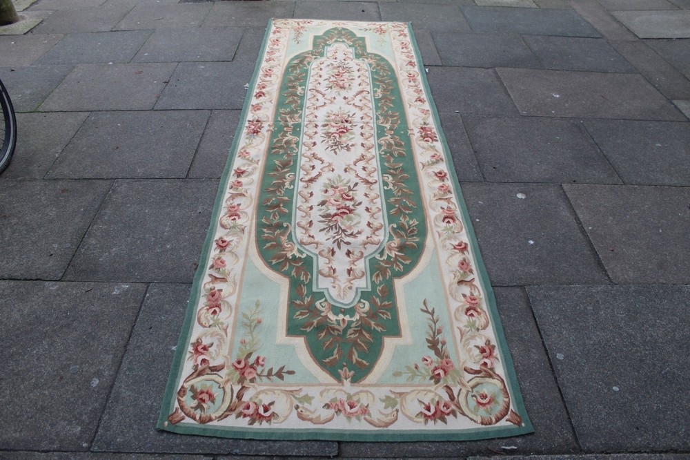 Vintage Hand Made French Design Wool Green Original Aubusson Runner 310X95cm