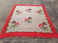 Vintage Traditional Handmade Romanian Floral Wool Kilim Rug 91×77 inches
