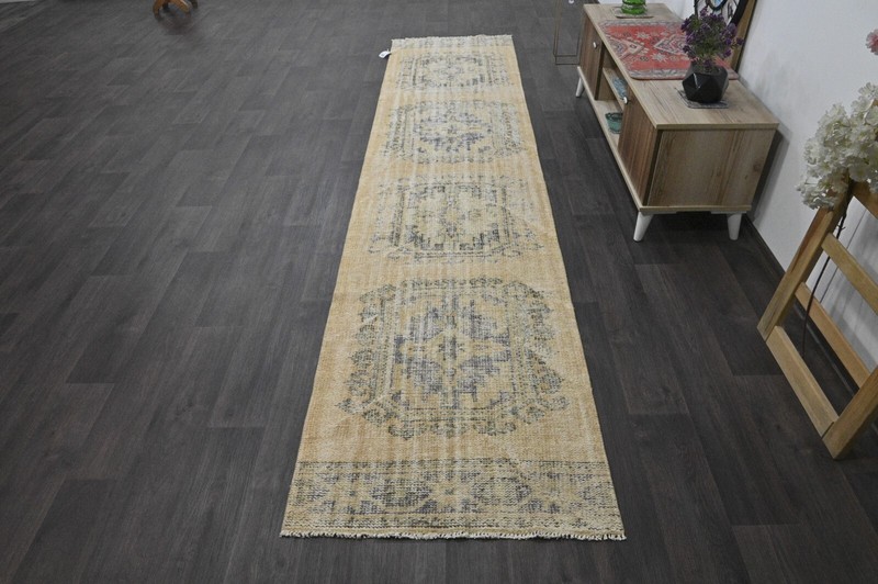 Vintage Turkish Runner Rug 3x12ft BEIGE Handmade Anatolian Oushak Hallway Wool gallery