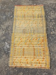 Distressed Vintage Handwoven Moroccan Wool Multicolor Kilim 5.4×2.9 ft