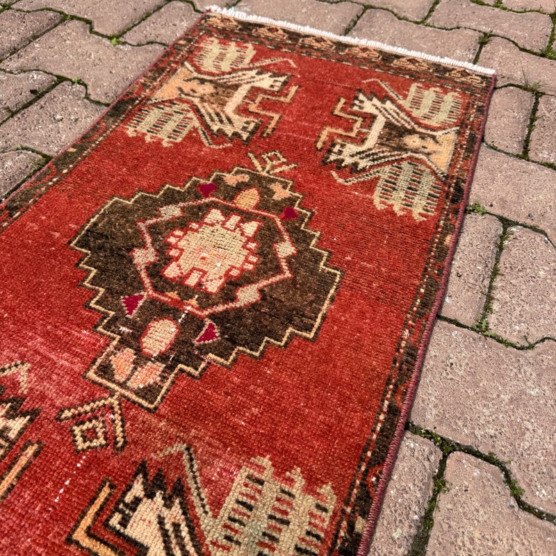 Rust Red 1x3 ft Turkish Wool Accent Rug With Ivory Animal Motifs - Tariff Free gallery