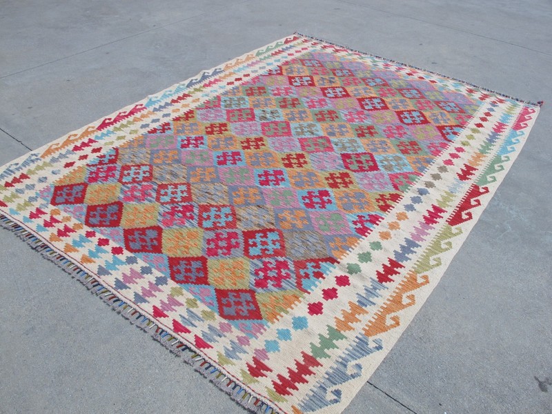 7x9 Afghan Kilim Rug Pink Handwoven Wool Maimana Rug Colorful Boho Area Carpet gallery