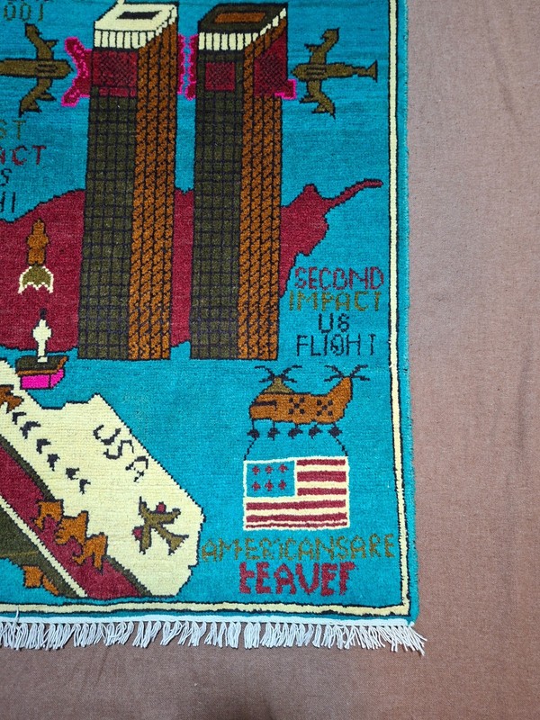 M11 Vintage Afghan War Rug 9/11 Handmade Wool Pictorial Tribal Rug 80x60 Cm gallery