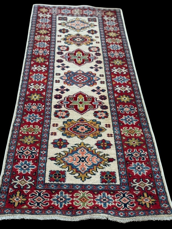 Brand New Colorful Tiny Runner Handmade Ivory Blue Red Geometric Wool Kazak 2x6 gallery