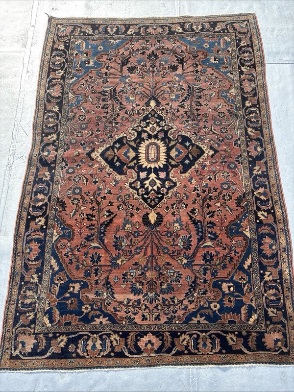 Mohajeran-Saroukk 4 X 6 Antique Rug C. 1920 Blush Rose Field Navy Blue Wet Sand gallery
