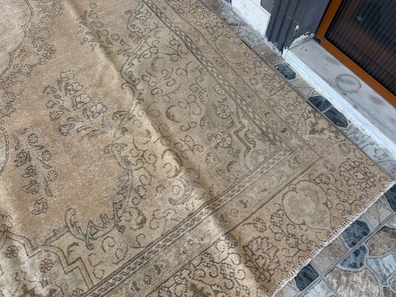 1970s Vintage Turkish Distressed Large Area Rug 8x11 ft Beige Hand-Knotted Wool gallery