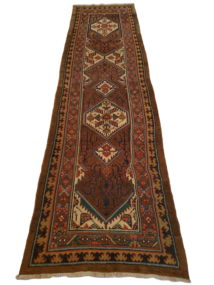 Hamedan Camel-Hair runner, Brown Ivory Lozenge Medallion - 3'0" x 11'4"