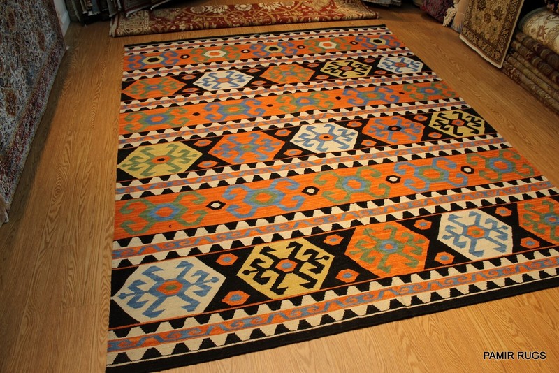_HAND_MADE_KILIM_9' x 12' Southwestern style SHIRVAN CAUCASIAN Black ORANGE RUG gallery
