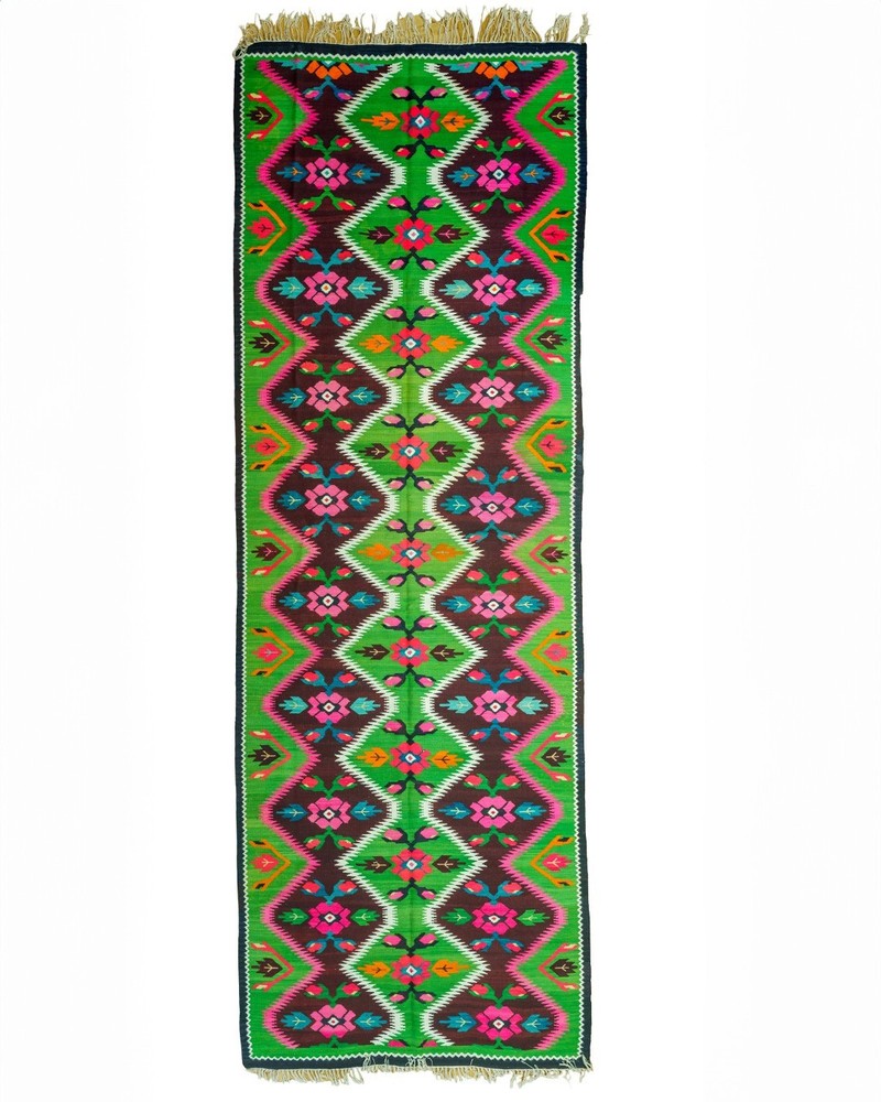 Oltenian Kilim Runner 100% Wool Geometric Green Pink Fuchsia 1970s Romania 15x6f
