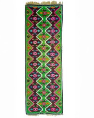 Oltenian Kilim Runner 100% Wool Geometric Green Pink Fuchsia 1970s Romania 15x6f