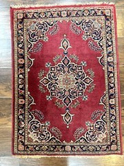 Small Per’sian Rug 2×3 Red Navy Blue Handmade Vintage Carpet Semi Open Field (B)