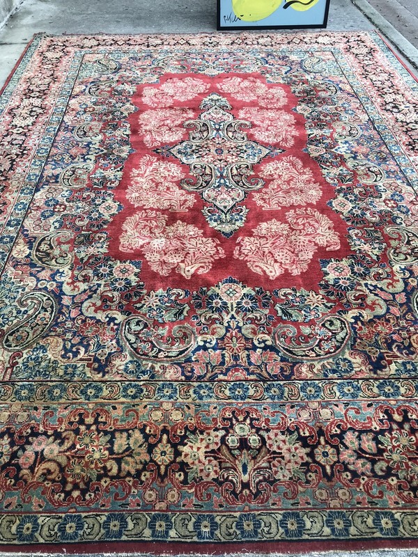 Antique Kirman Oriental Rug 11’8” X 8’8”Rare Design Handmade Pink Carnations gallery