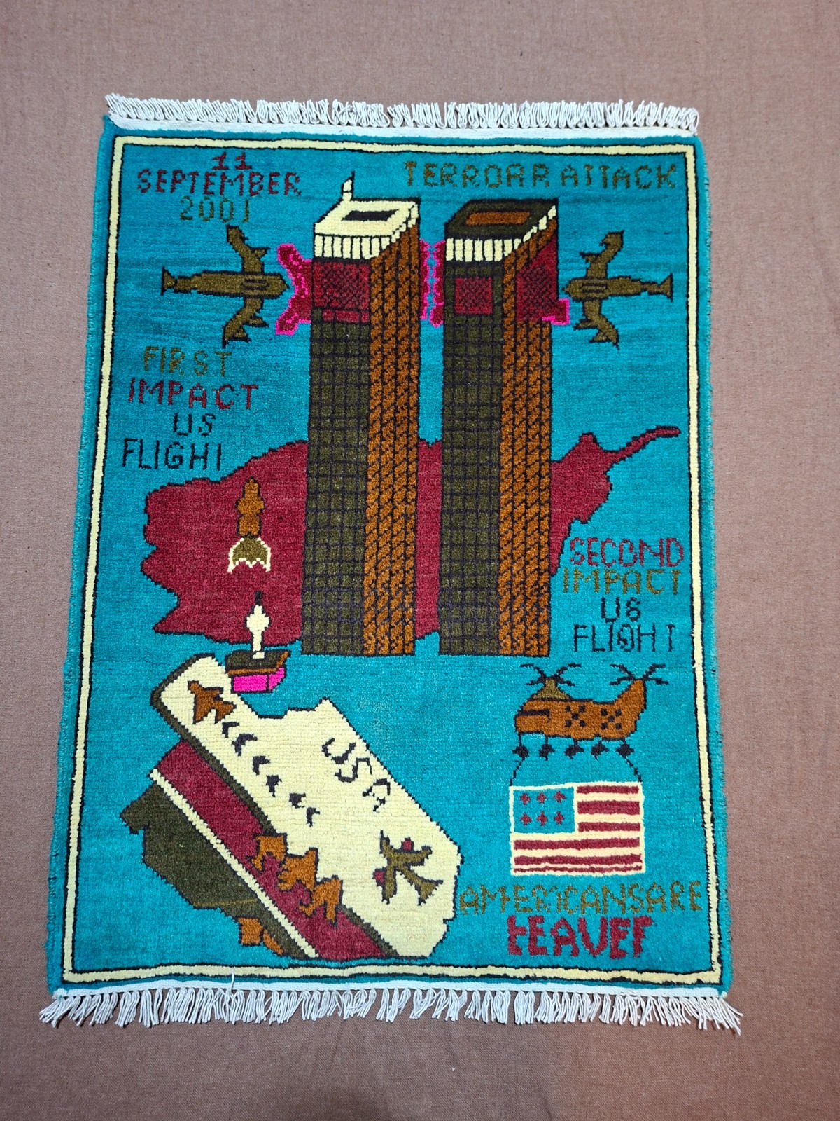 M11 Vintage Afghan War Rug 9/11 Handmade Wool Pictorial Tribal Rug 80x60 Cm gallery