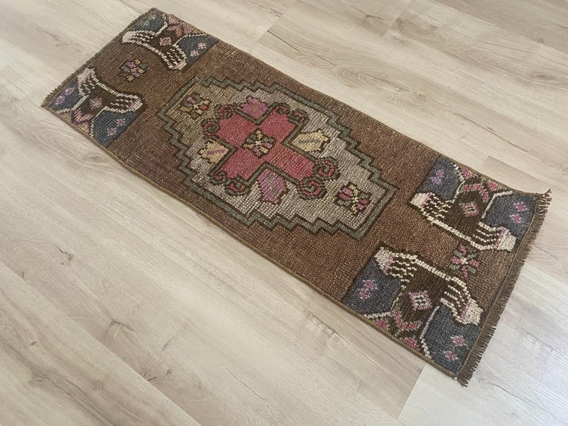 Brown Turkish Runner Rug Handmade Vintage Wool Hallway Rug 1.3x3.5 Ft gallery